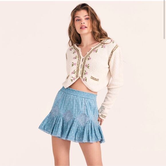 LoveShackFancy Adia Ruffle Mini Skirt in Blue Polka Dot XS - Picture 2 of 12
